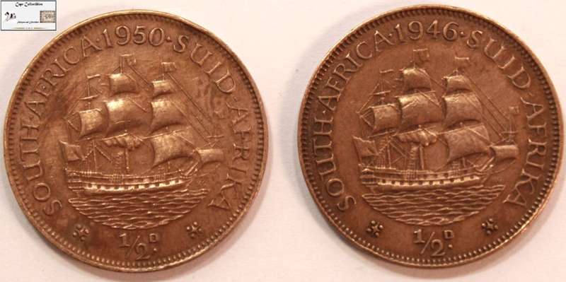 South Africa 1/2 Penny 1946 & 1950 x 2 (Two Coins) Circulated.