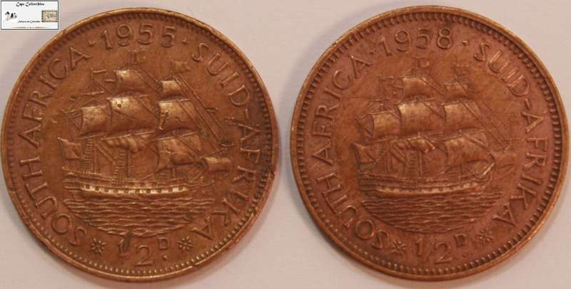 South Africa 1/2 Penny 1955 & 1958  (Two Coins) Circulated