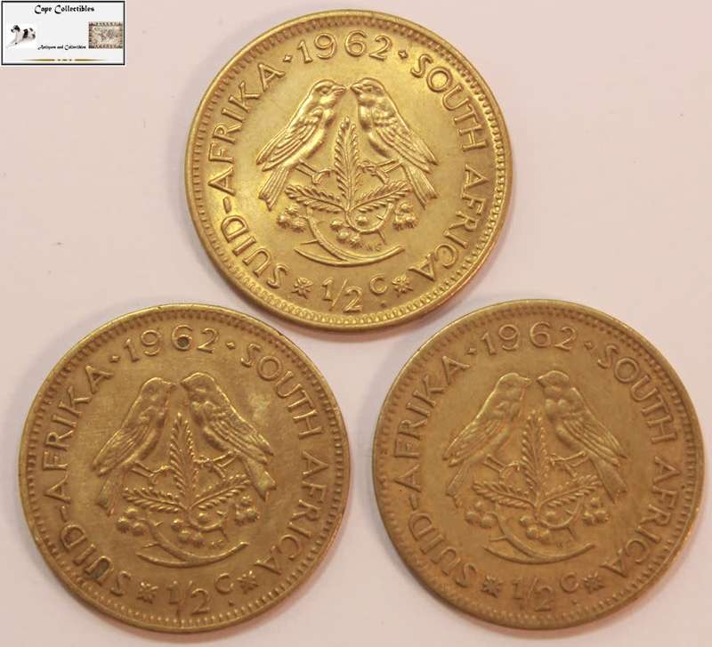 South Africa 1/2 Cent 1962 x 3  (Three Coins) Circulated