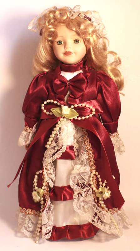 Hand Painted Porcelain Doll With Victorian Style Outfit With Display Stand & Original Box