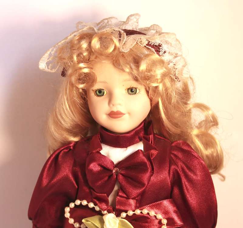 Hand Painted Porcelain Doll With Victorian Style Outfit With Display Stand & Original Box
