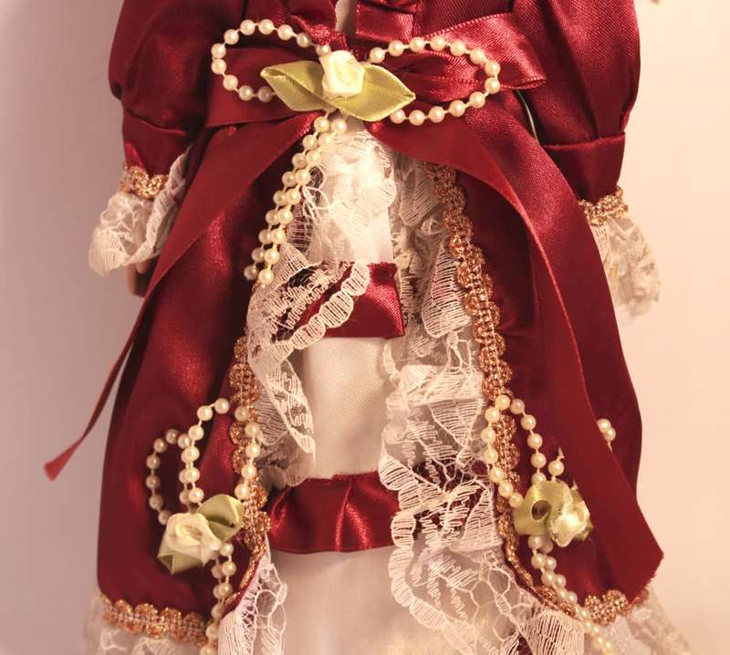Hand Painted Porcelain Doll With Victorian Style Outfit With Display Stand & Original Box