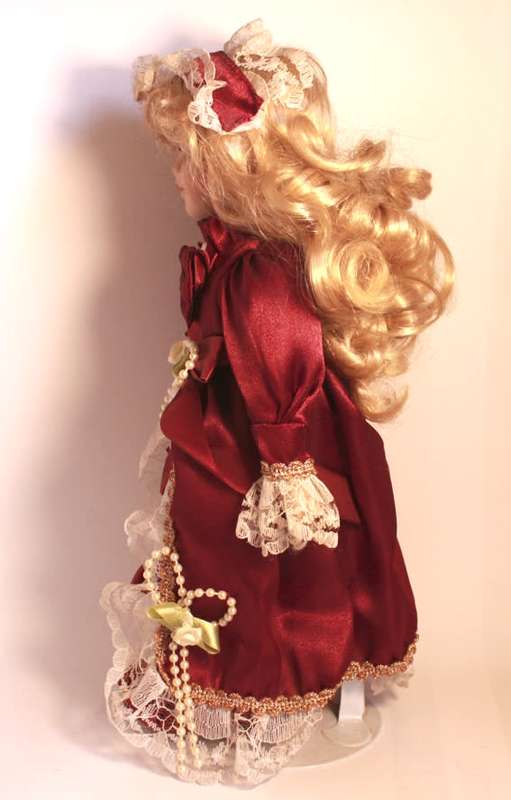 Hand Painted Porcelain Doll With Victorian Style Outfit With Display Stand & Original Box