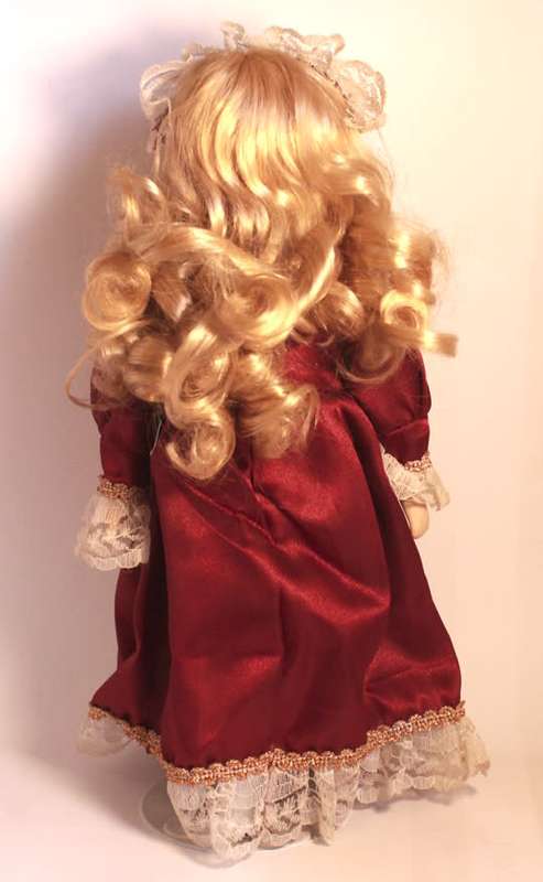 Hand Painted Porcelain Doll With Victorian Style Outfit With Display Stand & Original Box