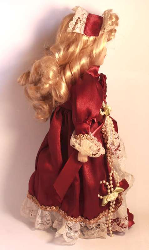 Hand Painted Porcelain Doll With Victorian Style Outfit With Display Stand & Original Box