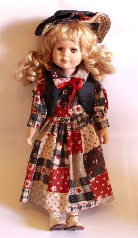 Hand Painted Porcelain Doll With Country & Western Quilt Style Dress and Denim Jacket Outfit