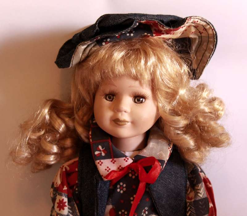 Hand Painted Porcelain Doll With Country & Western Quilt Style Dress and Denim Jacket Outfit