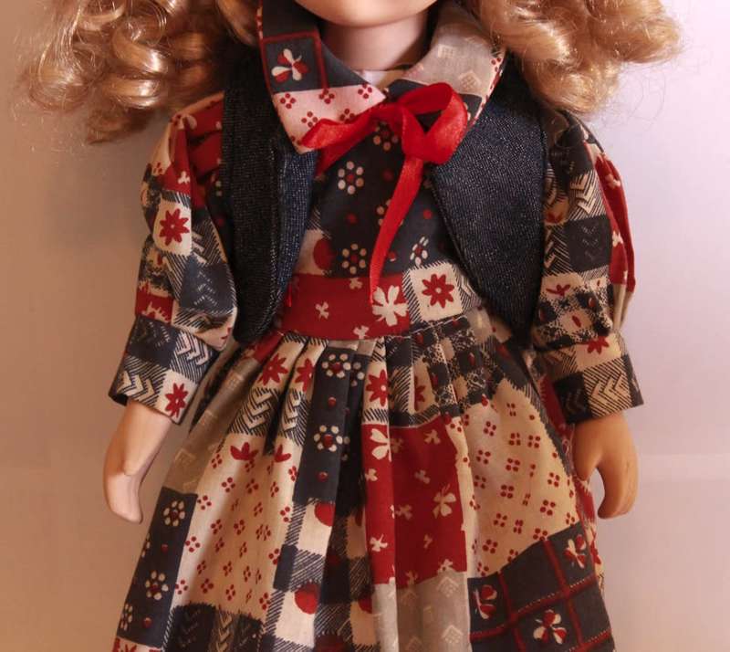 Hand Painted Porcelain Doll With Country & Western Quilt Style Dress and Denim Jacket Outfit