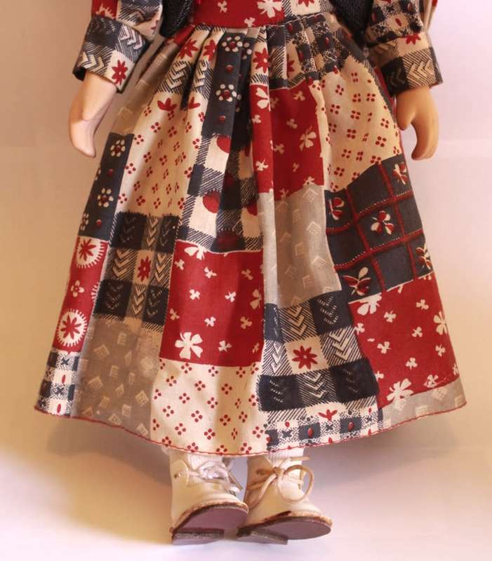 Hand Painted Porcelain Doll With Country & Western Quilt Style Dress and Denim Jacket Outfit