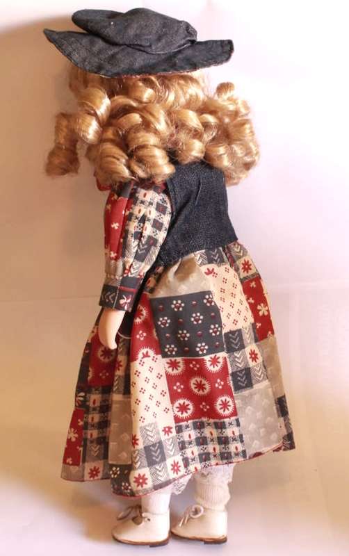 Hand Painted Porcelain Doll With Country & Western Quilt Style Dress and Denim Jacket Outfit