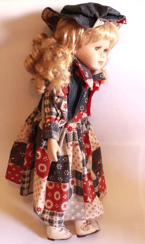 Hand Painted Porcelain Doll With Country & Western Quilt Style Dress and Denim Jacket Outfit