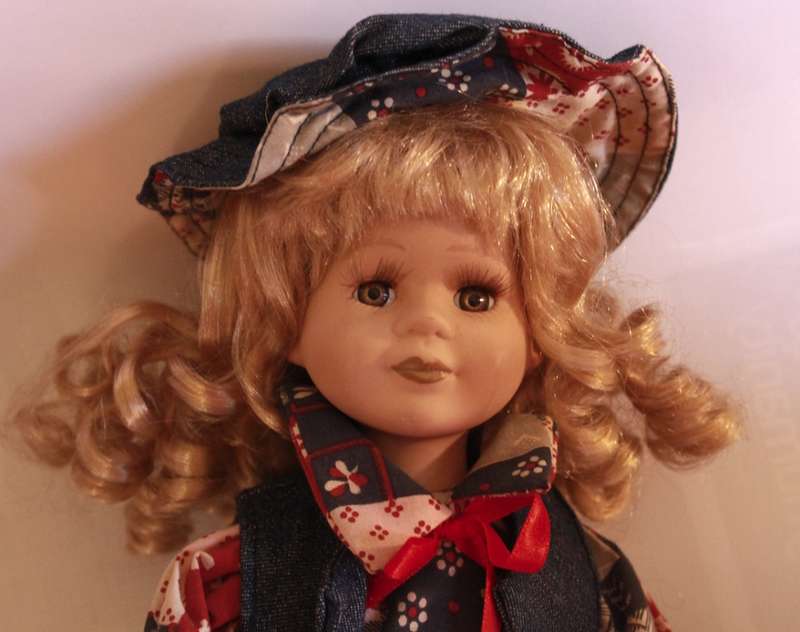 Hand Painted Porcelain Doll With Country & Western Quilt Style Dress and Denim Jacket Outfit
