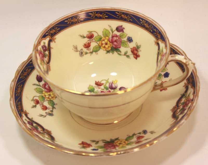 Vintage Bone China Tuscan China Footed Teacup and Saucer Blue Trim  & Floral Lowestoft Pattern