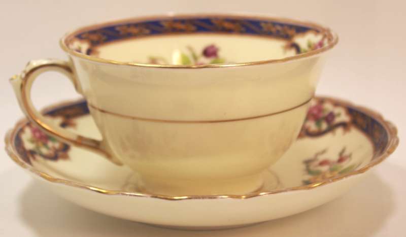 Vintage Bone China Tuscan China Footed Teacup and Saucer Blue Trim  & Floral Lowestoft Pattern