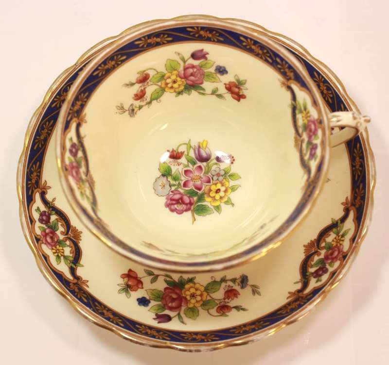 Vintage Bone China Tuscan China Footed Teacup and Saucer Blue Trim  & Floral Lowestoft Pattern