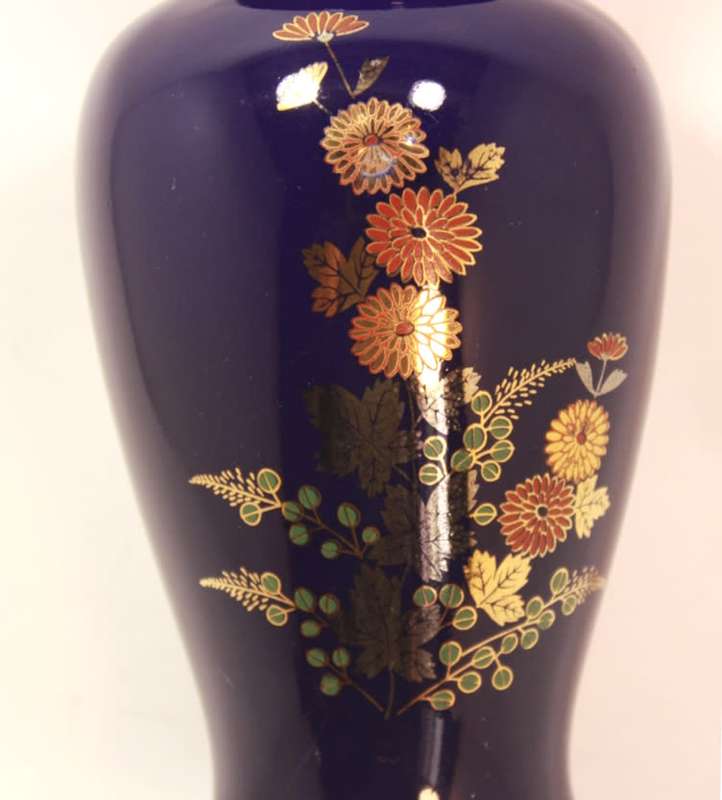 Dark Blue Porcelain Bud Vase Floral Pattern.