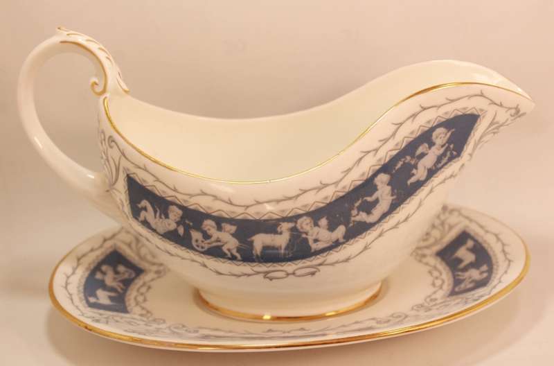 Coalport Revelry Blue Pattern Bone China Gravy Boat With Underplate