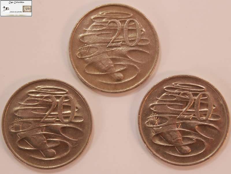 Australia 20 Cent 1x 1975, 1x 1976 & 1x 1977 (Three Coins) Circulated