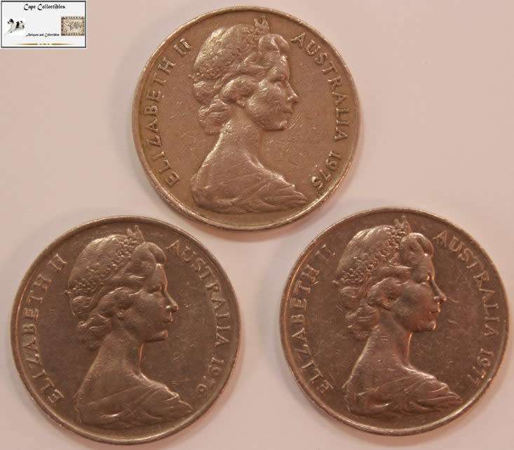 Australia 20 Cent 1x 1975, 1x 1976 & 1x 1977 (Three Coins) Circulated