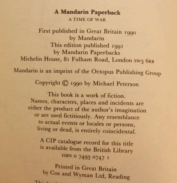 A Time Of War by Michael Peterson Softcover Book