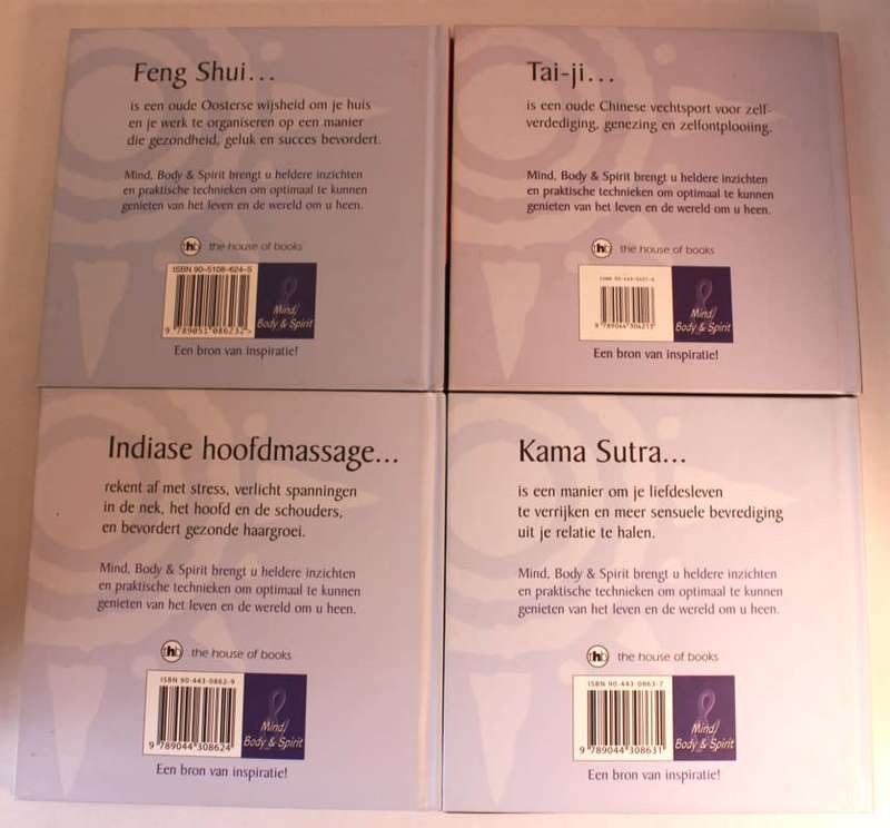 4 x Mind, Body and Spirit Books Dutch Language(Feng Shui, Tai-Ji, Kama Sutra, Indiase Hoofdmassage)