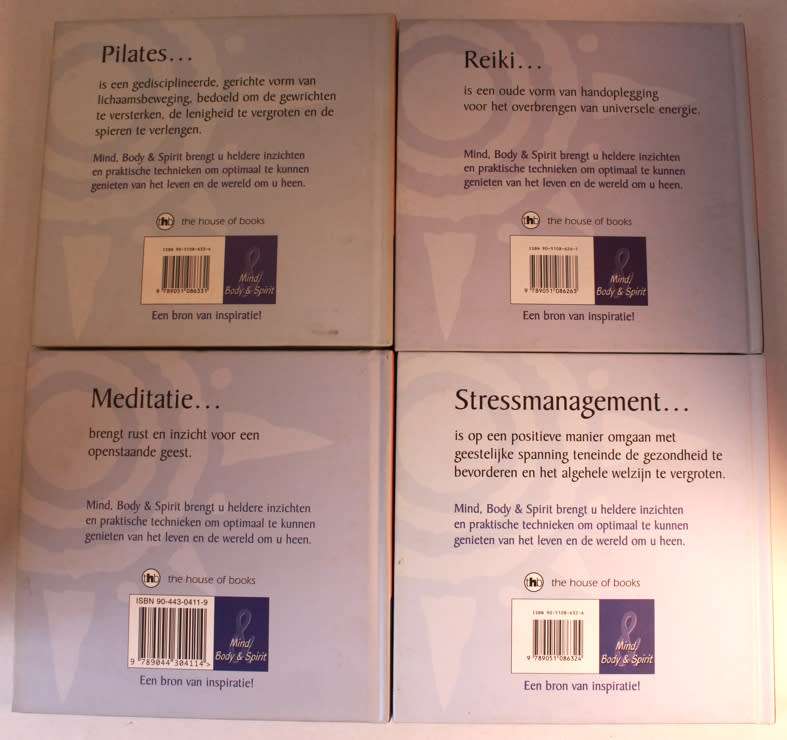 4 x Mind, Body and Spirit Books Dutch Language(Stressmanagement, Meditatie, Reiki, Pilates)