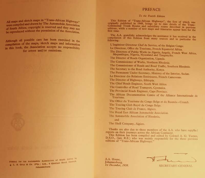 The Automobile Association of South Africa Trans-African Highways 4th Edition 1958 Hardcover Atlas
