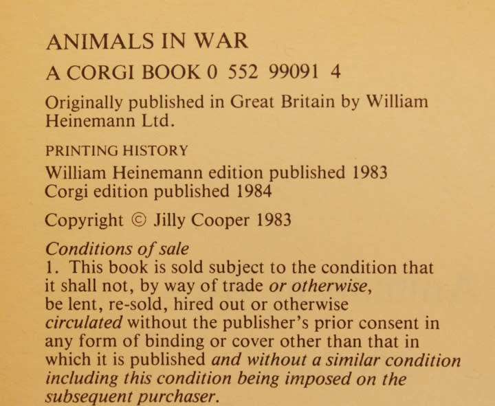 Animals in War by Jilly Cooper Softcover Book
