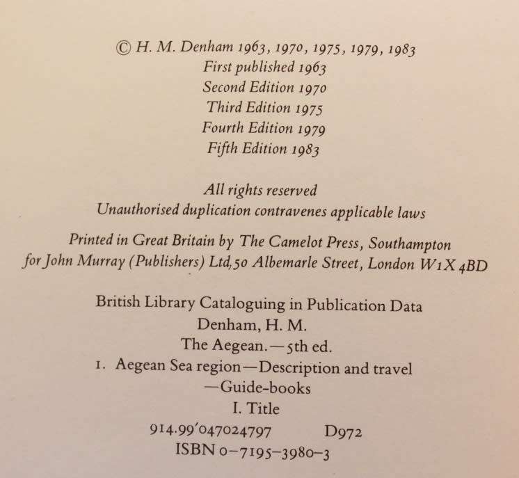 The Aegean A Sea Guide To Its Coasts and Islands by H.M. Denham Hardcover Book