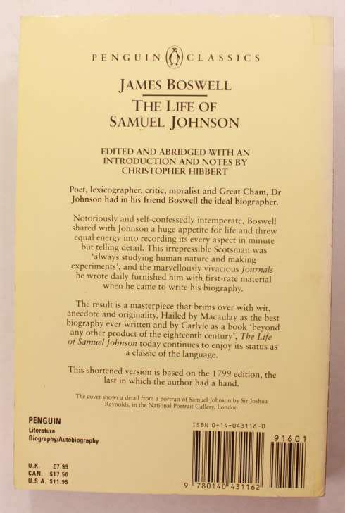 The Life Of Samuel Johnson by James Boswell Penguin Classics Abridged Softcover Book