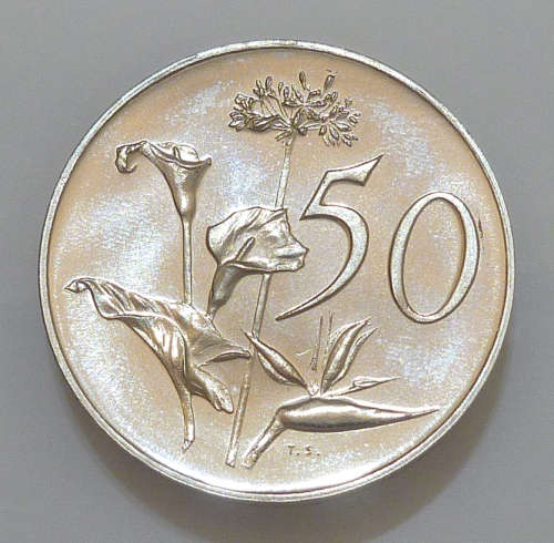 1966, 50c, English, Nickel Proof, Republic of South Africa (RSA) African Lily and `Bird of Paradise`