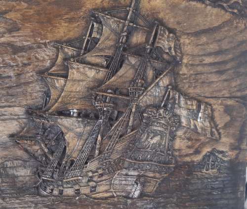 Antique Wooden Picture of old Gallion approaching Table Mountain.