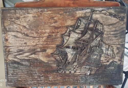 Antique Wooden Picture of old Gallion approaching Table Mountain.