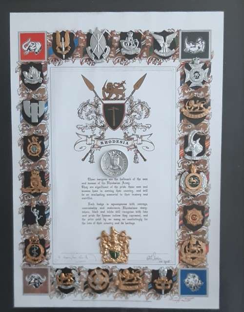 Rhodesian Forces commemorative certificate and medallion display.