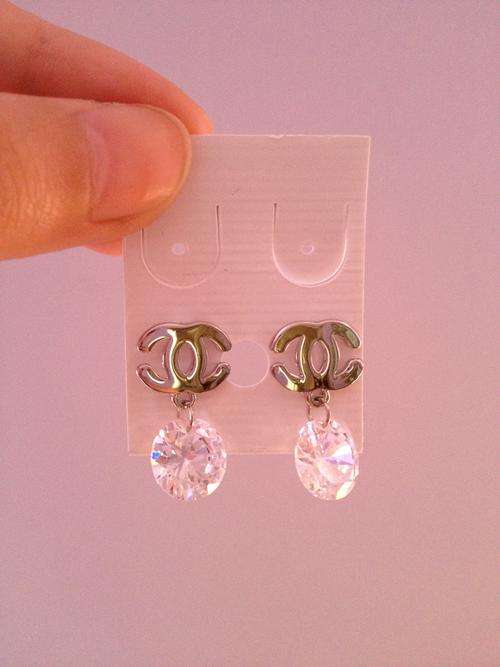 Chanel Logo Style Round Crystal Dangling Earring Studs - Silver