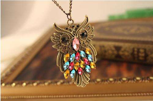 Colorful Rhinestones Owl Sweater Chain/Necklace