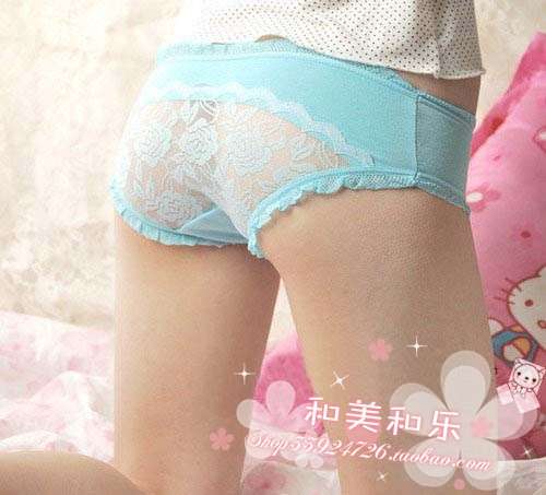 Sexy Blue Half Transparent Lace Ladies Panties - size S
