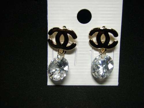 Gold Chanel Logo with Big CZ Round Diamond Dangling Earrings