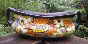 Splendid c1930s ART DECO GOUDA REGINA hand-painted Dutch folk art pottery polychrome 2-handled vase.