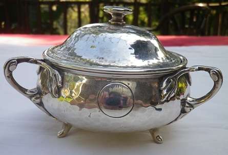 Superb Antique A1 Kingsway sugar bowl.Glass liner & 3 art nouveau handles.William R Shirtcliffe &Son