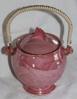 STUNNING! Ultra Rare c 1940 Maling Pink Lustreware Lidded Biscuit Barrel with Handle