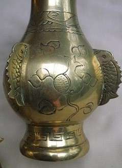 CHINESE BRASS VASES. SIGNED Four 3-D FISH embellishments. 17.5 cm
