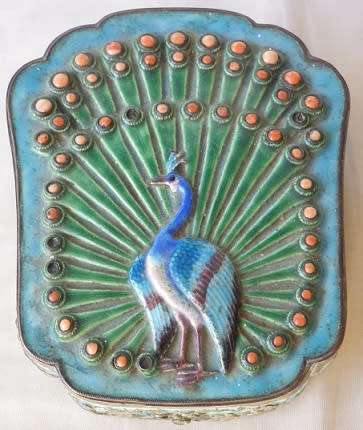 Enamel Peacock design trinket box with inset Coral stones. 12.5 x 10.5cm