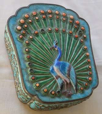 Enamel Peacock design trinket box with inset Coral stones. 12.5 x 10.5cm