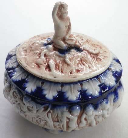Gorgeous Vintage Italy (Norleans) Cobalt Blue & Cream lidded ceramic urn with Cherubs