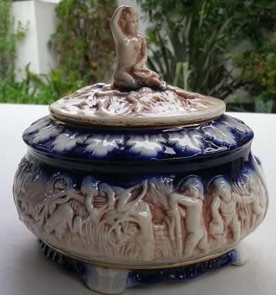 Gorgeous Vintage Italy (Norleans) Cobalt Blue & Cream lidded ceramic urn with Cherubs
