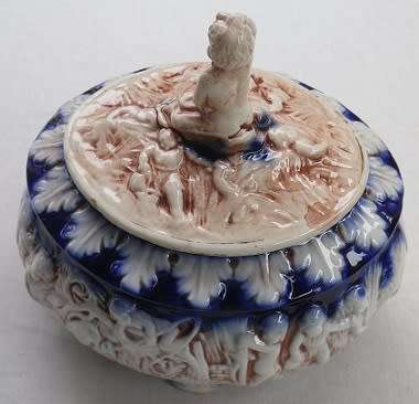 Gorgeous Vintage Italy (Norleans) Cobalt Blue & Cream lidded ceramic urn with Cherubs