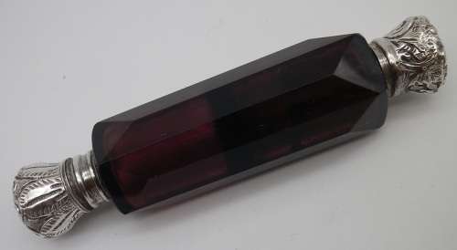 FOR GLEAVES ONLY PLEASE!!ANTIQUE cranberry glass & silver DOUBLE-SIDED perfume SMELLING SALTS bottle
