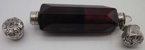 FOR GLEAVES ONLY PLEASE!!ANTIQUE cranberry glass & silver DOUBLE-SIDED perfume SMELLING SALTS bottle