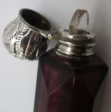 FOR GLEAVES ONLY PLEASE!!ANTIQUE cranberry glass & silver DOUBLE-SIDED perfume SMELLING SALTS bottle
